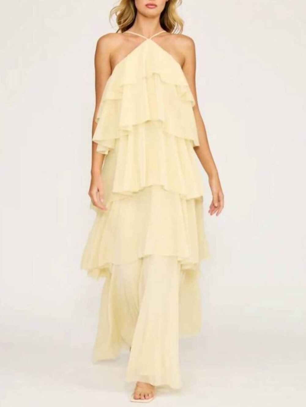 LUCY PARIS Emery Ruffle Maxi Dress Yellow Layered Halter Party Wedding Sz L NWT
